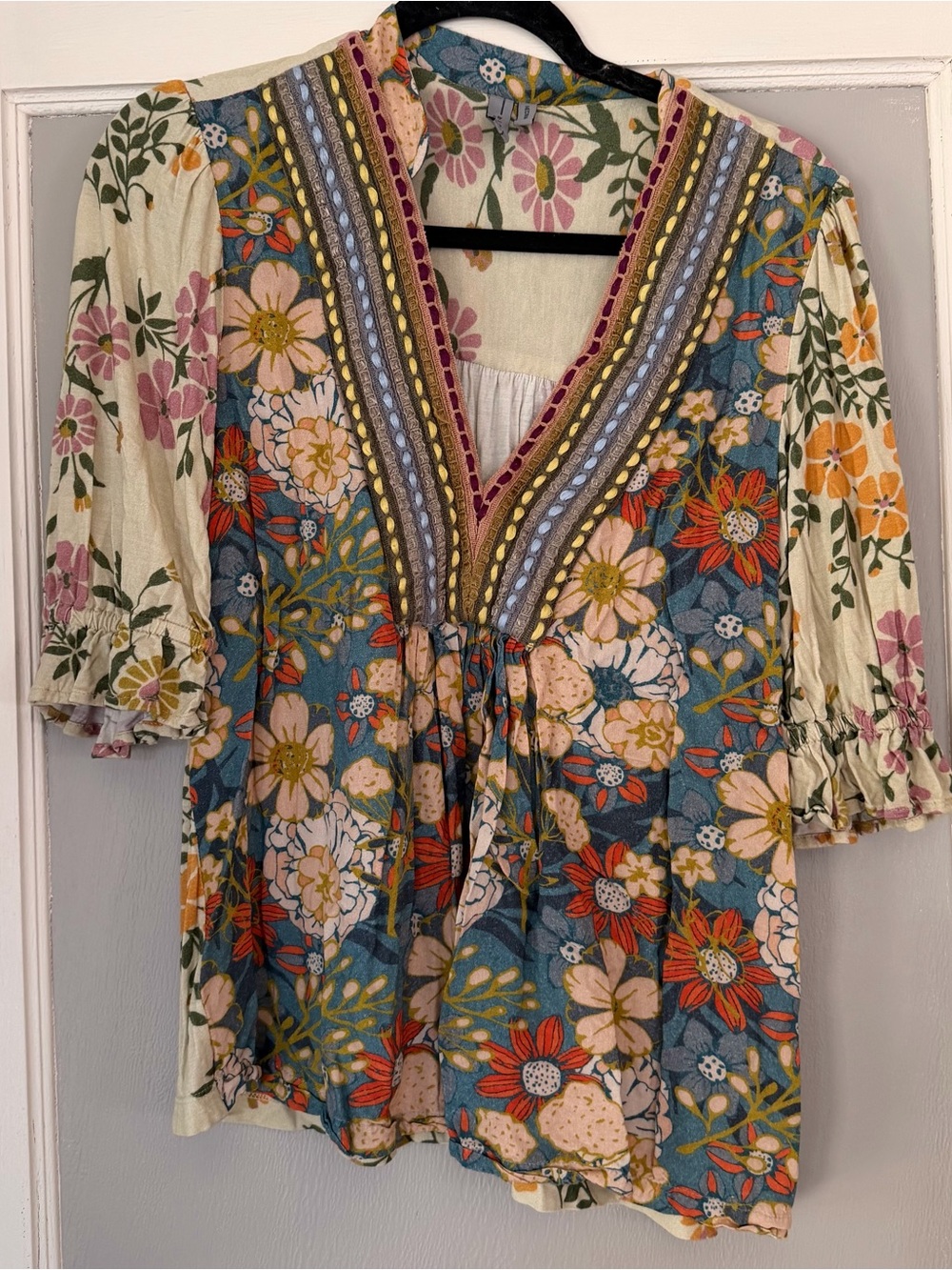 Bl^nk London x Anthropologie STEPHANIE medium Yellow Blue Floral V-Neck Top - Picture 6 of 13